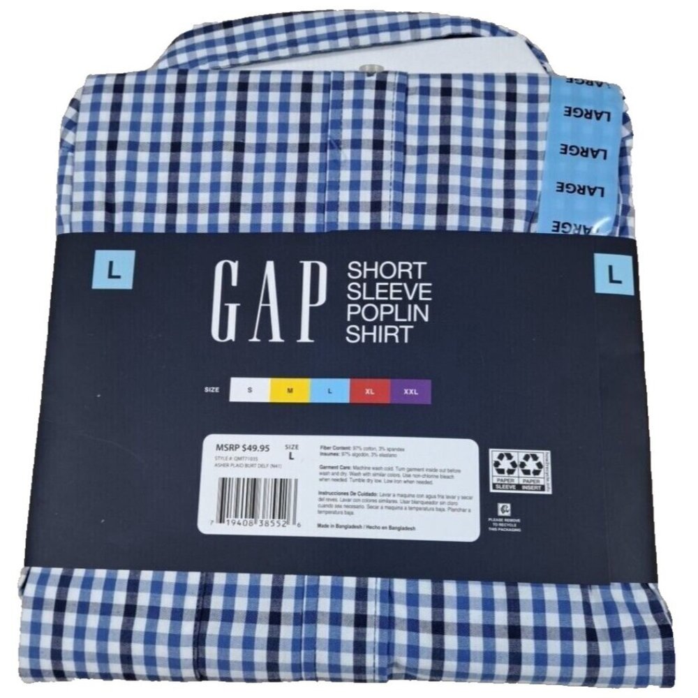 NEW Gap Men's Shirt L Short Sleeve Button Front Poplin Blue Check Spread Collar - Picture 2 of 3
